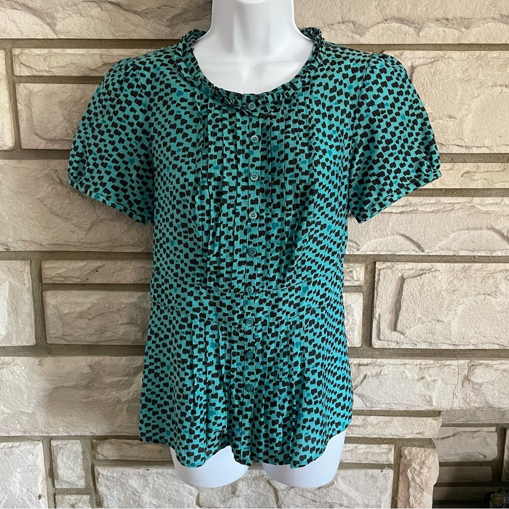 Halogen Turquoise and Brown Pleated-Accent Button Down Peplum Shirt Size XS